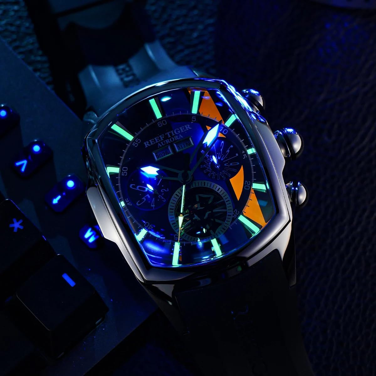 Mengxiang Luxury Watches for Men, Mechanical Quartz Watch, Black/Blue, Personalized large dial