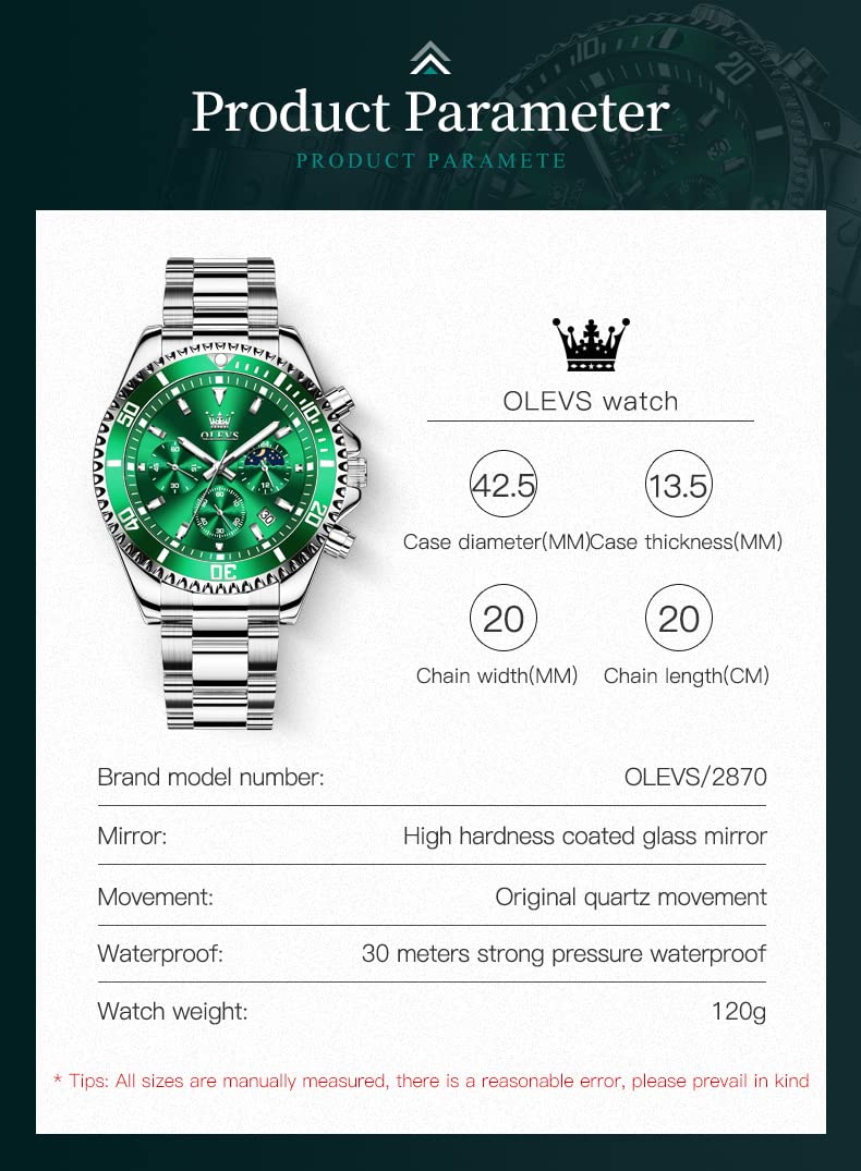 OLEVS Green Dial Watches for Men Fashion Analog Quartz Waterproof Chronograph Gold Silver Stainless Steel Watch Business Classic Luxury Big Face Luminous Multifunction Men Wristwatches (1)