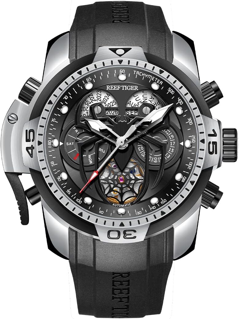 Reef Tiger Fashion Style Sport Automatic Watch Spider Dial with Complicated Year Month Calendar Mechanical Rubber Watches RGA3532SP (RGA3532SP-YBR)