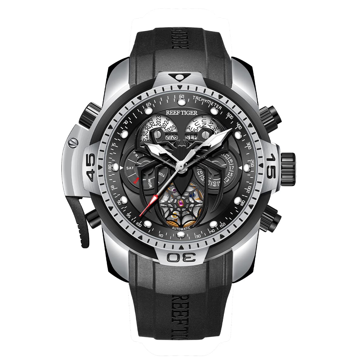 Reef Tiger Fashion Style Sport Automatic Watch Spider Dial with Complicated Year Month Calendar Mechanical Rubber Watches RGA3532SP (RGA3532SP-YBR)