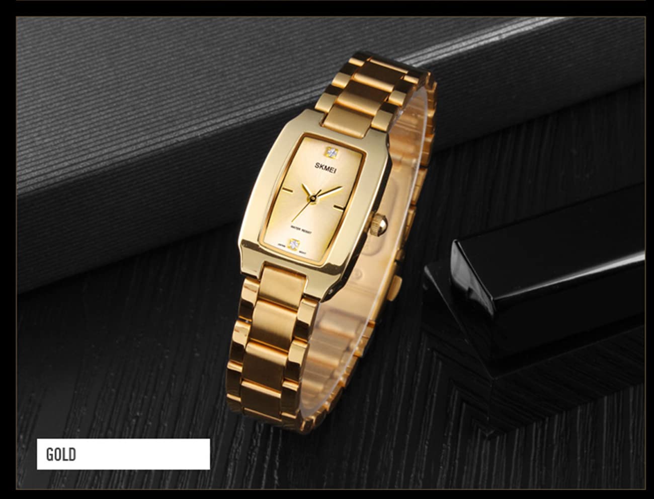 SKMEI Watches for Women Ladies Female Simple Square Stainless Luxury Fashion Small Slim Analog Quartz Waterproof Dress Casual Wife Girls Gifts Gold Wrist Watch, L1400gold, Dress