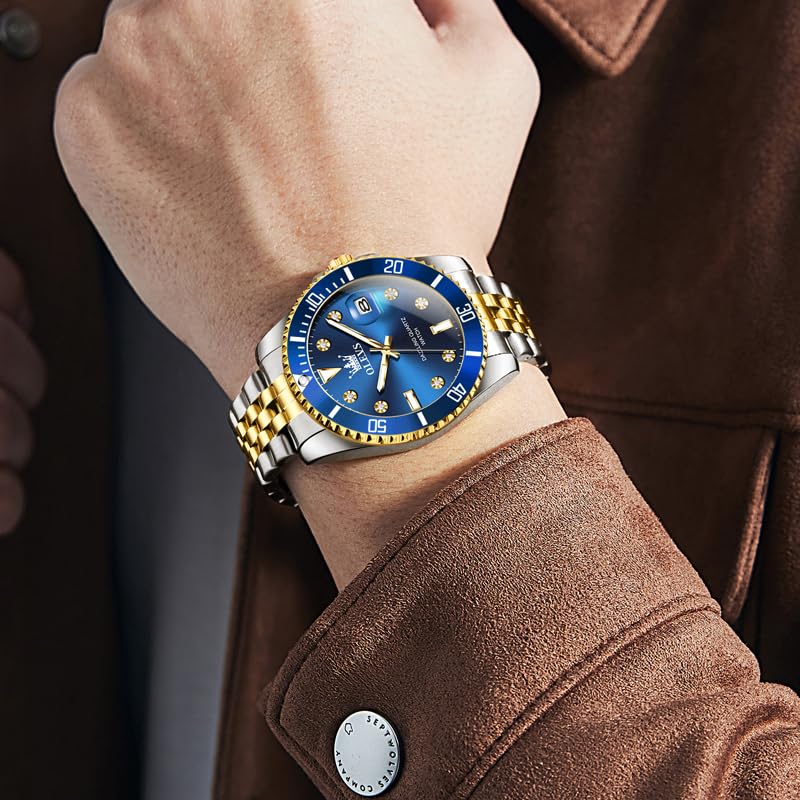 OLEVS Men's Watch Classic Blue Face Luxury Dress Watches for Men Big Dial Gold Silver Stainless Steel Band Analog Quartz Men's Wrist Watch with Rotating Bezel Date Waterproof Mens Watches