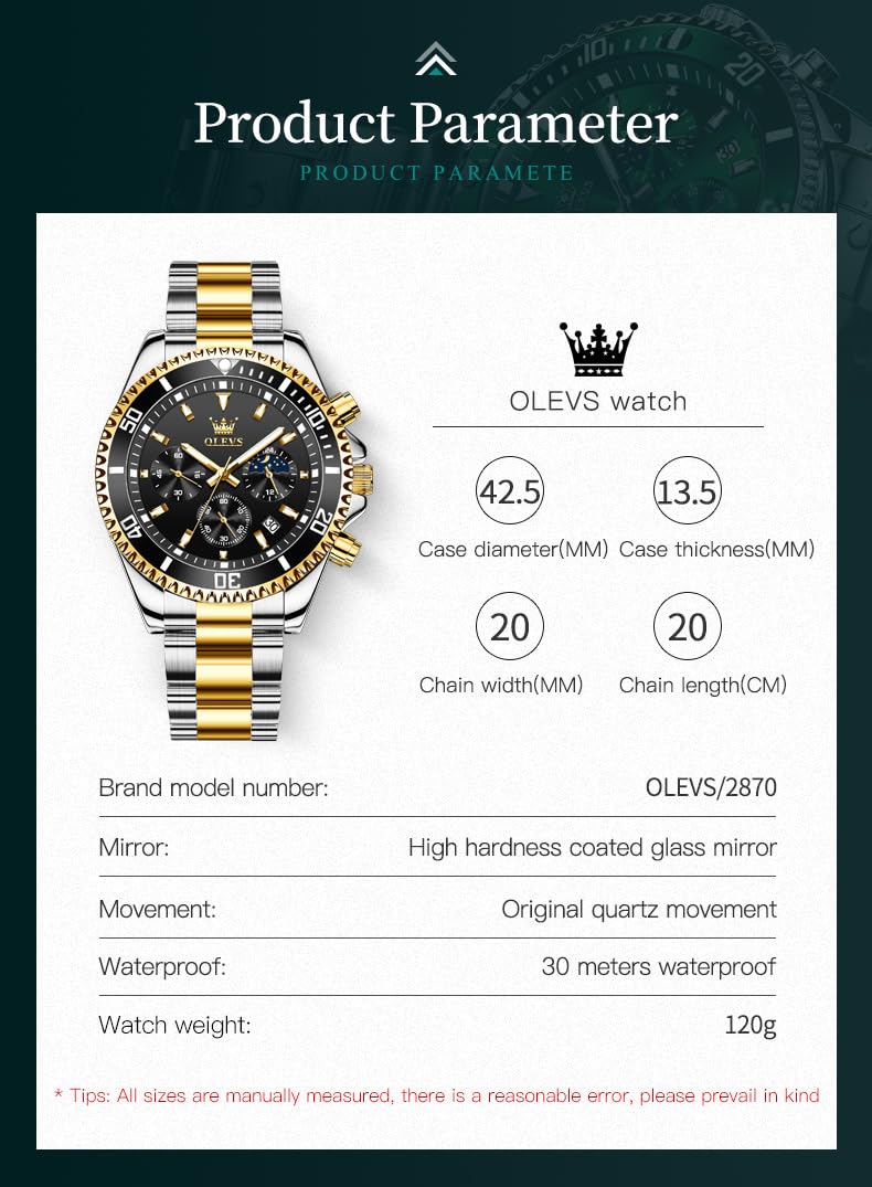 OLEVS Mens Watches Chronograph Luxury Dress Moon Phase Quartz Stainless Steel Waterproof Luminous Business Calendar Wrist Watch