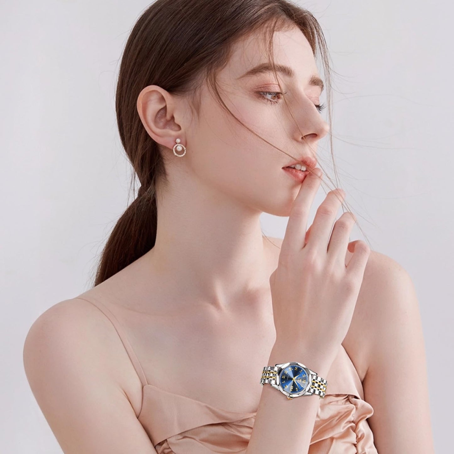 OLEVS Ladies Watches Small Face Gold Silver Stainless Steel Analog Quartz Women's Watch Luxury Elegant Blue Women's Dress Watches Classic Roman Numerals Waterproof Watches for Women