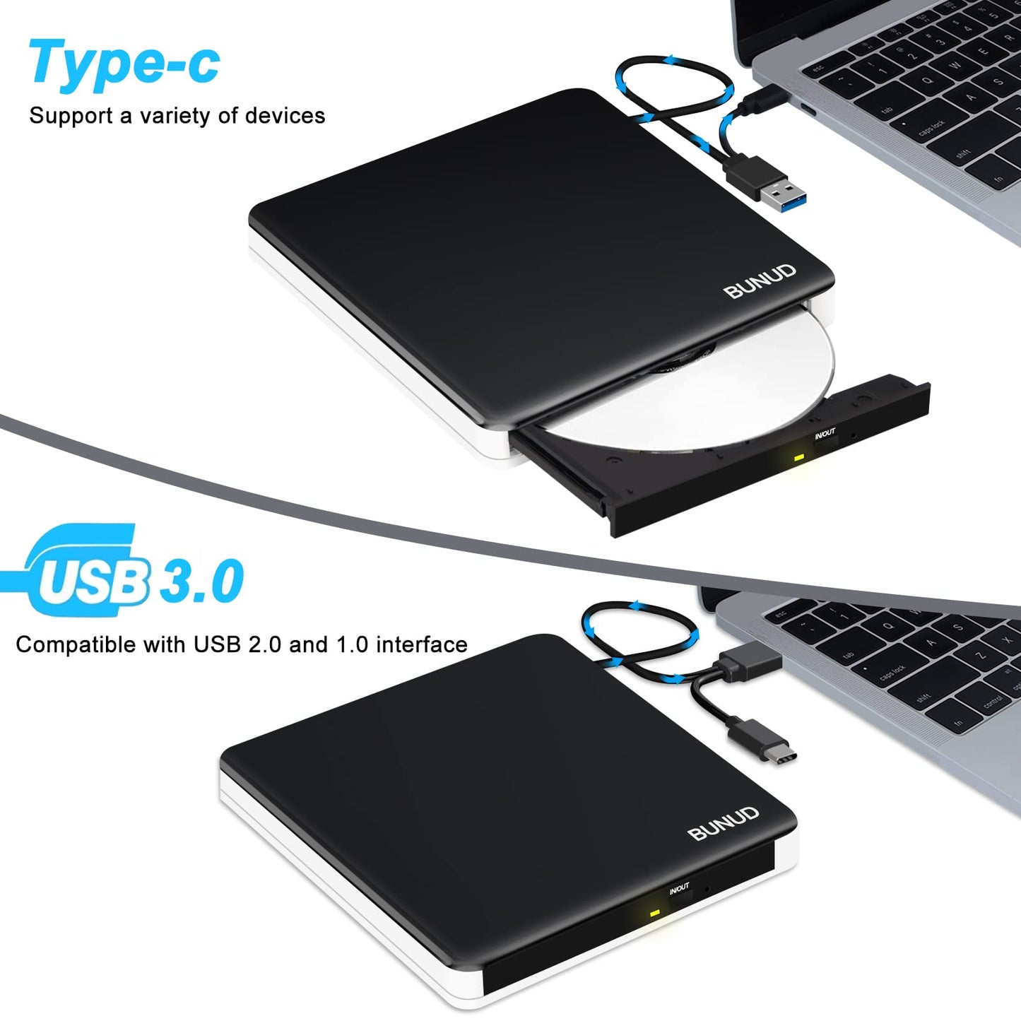 External CD DVD Drive, USB 3.0 & Type-C CD/DVD RW ROM Burner Rewriter Writer Reader with SD/TF & 2 USB, Slim Optical DVD Player for Laptop PC Windows 11/10 Computer Mac Macbook Pro Air iMac Apple