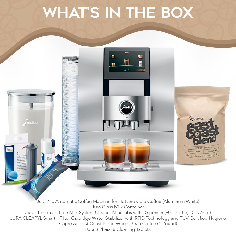 Jura Z10 Coffee Machine Aluminum White Bundle with Filter Cartridge Water Stabilizer, Milk System Cleaner Mini-Tabs, Cleaning Tablets, Milk Containers, and Blend Whole Bean Coffee (6 Items)