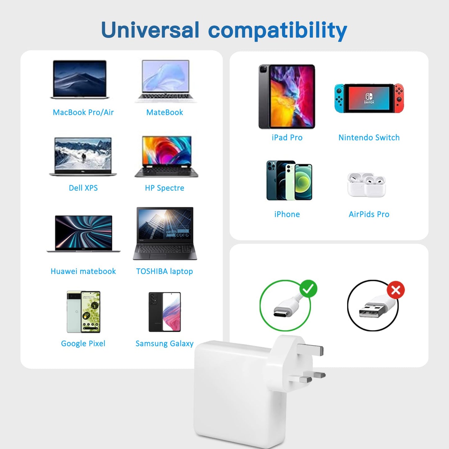 Mac Book Charger,100W USB C Laptop Charger for Mac Book pro 16, 15, 14, 13 Inch& Mac Book Air 13 14 15 Inch 2024/2023, ipad Pro, Sam sung Galaxy and All Charge USB C 96W 87W 61W Device