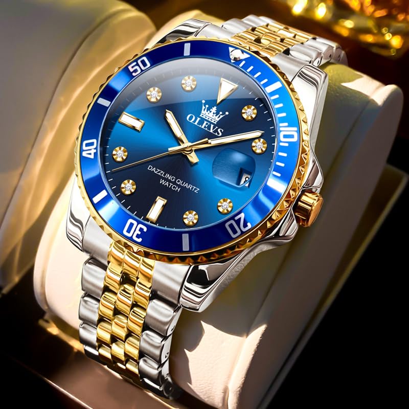 OLEVS Men's Watch Classic Blue Face Luxury Dress Watches for Men Big Dial Gold Silver Stainless Steel Band Analog Quartz Men's Wrist Watch with Rotating Bezel Date Waterproof Mens Watches