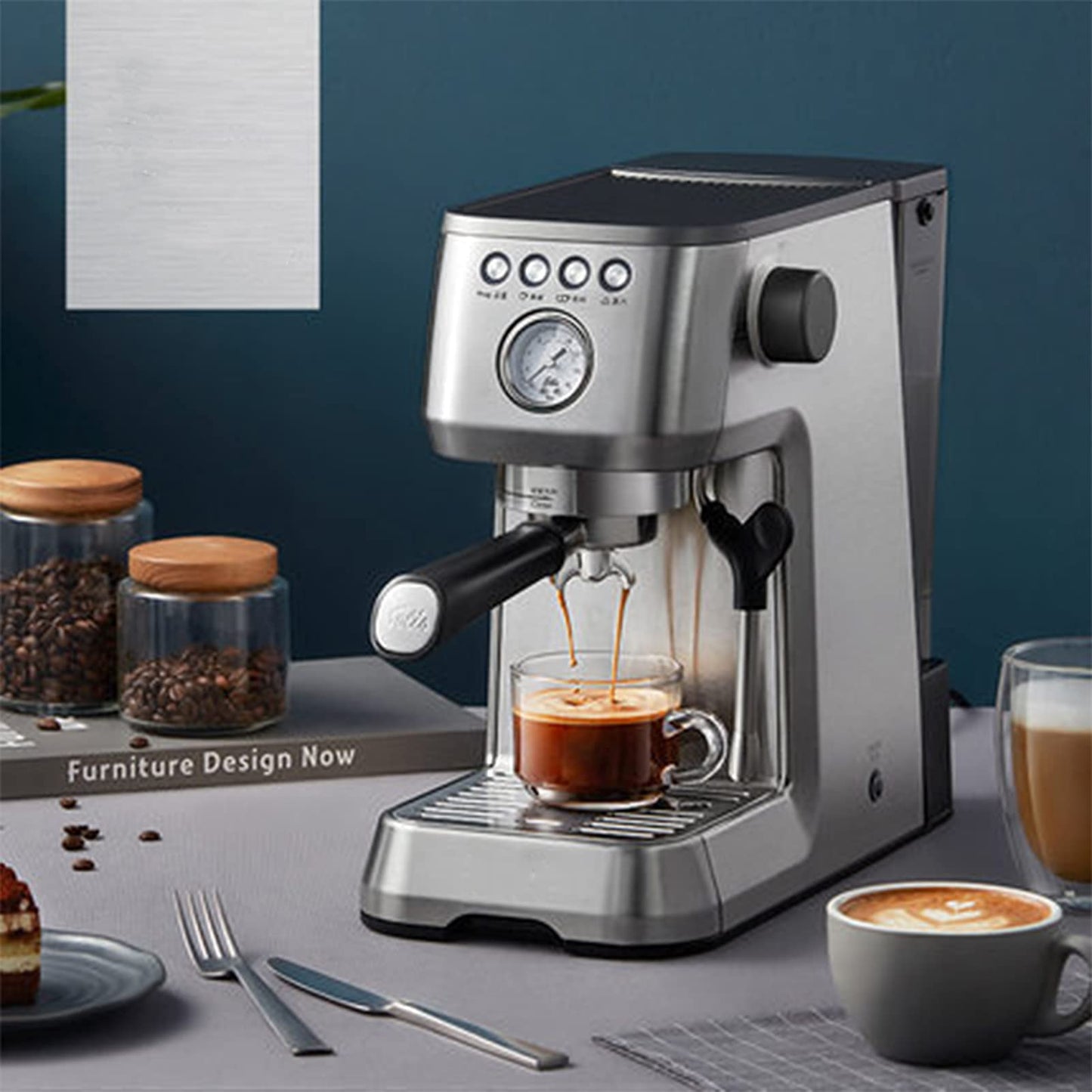 XFZJCHAP Coffee Machine Small Home Coffee Machine Semi-automatic Freshly Ground Espresso Steam Milk Froth Coffee Machine White