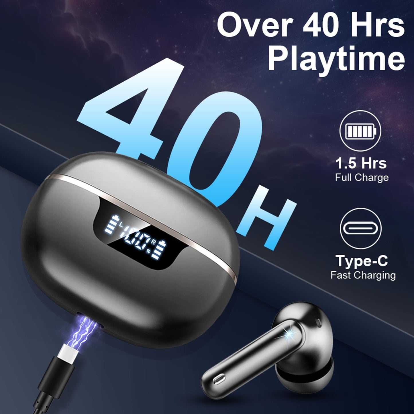 Wireless Earbuds, Bluetooth 5.4 Headphones with 4 ENC Noise Cancelling Microphone, Ear buds with HiFi Stereo Deep Bass, Bluetooth Earphones 40H Playtime LED Display, IP7 Waterproof Touch Control