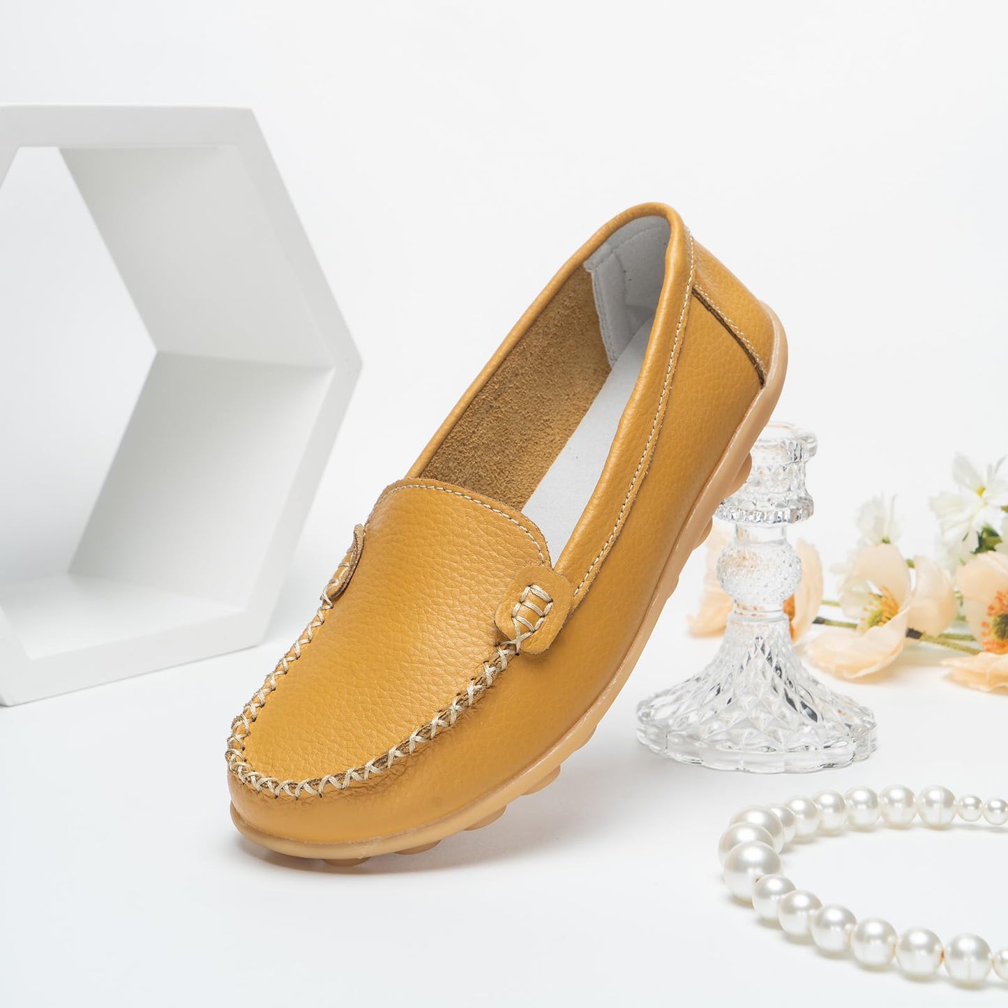 Womens Comfy Loafers Soft Slip on Flat Boat Driving Moccasins Office Work Walking Nursing Shoes Yellow Size 7.5uk