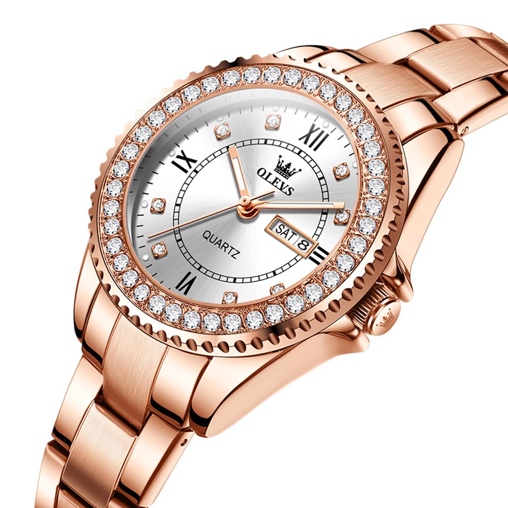 OLEVS Ladies Watch Rose Gold Stainless Steel Analogue Quartz Womens Watch White Small Face Luxury Elegant Diamond Women's Wrist Watch Roman Numerals Waterproof Luminous Womens Watch