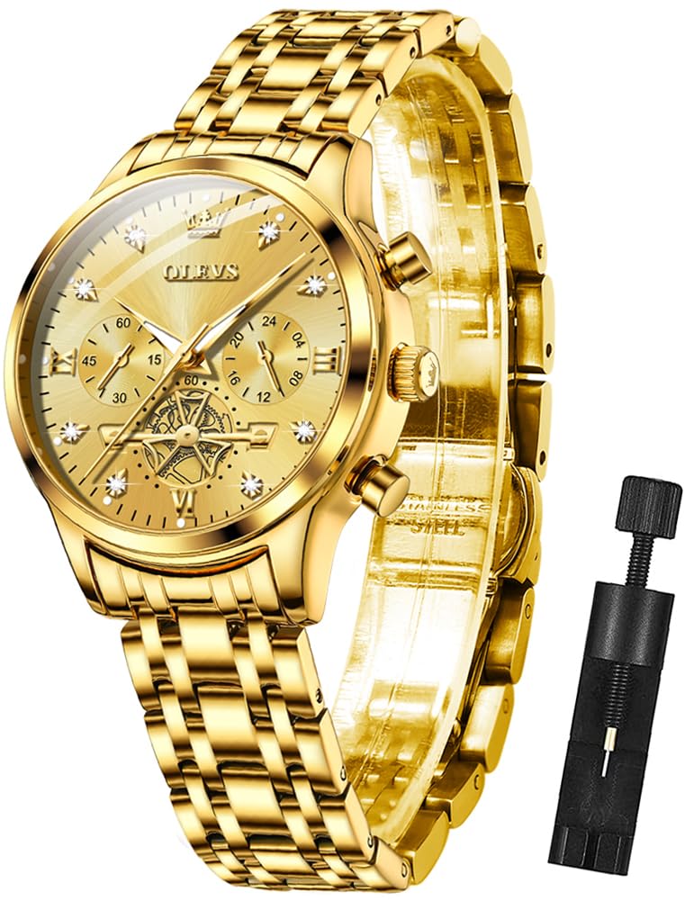 OLEVS Womens Watches Fashion Luxury Diamond Ladies Wrist Watch Stainless Steel Waterproof Luminous, 2897: Gold strap & gold dial, Classic