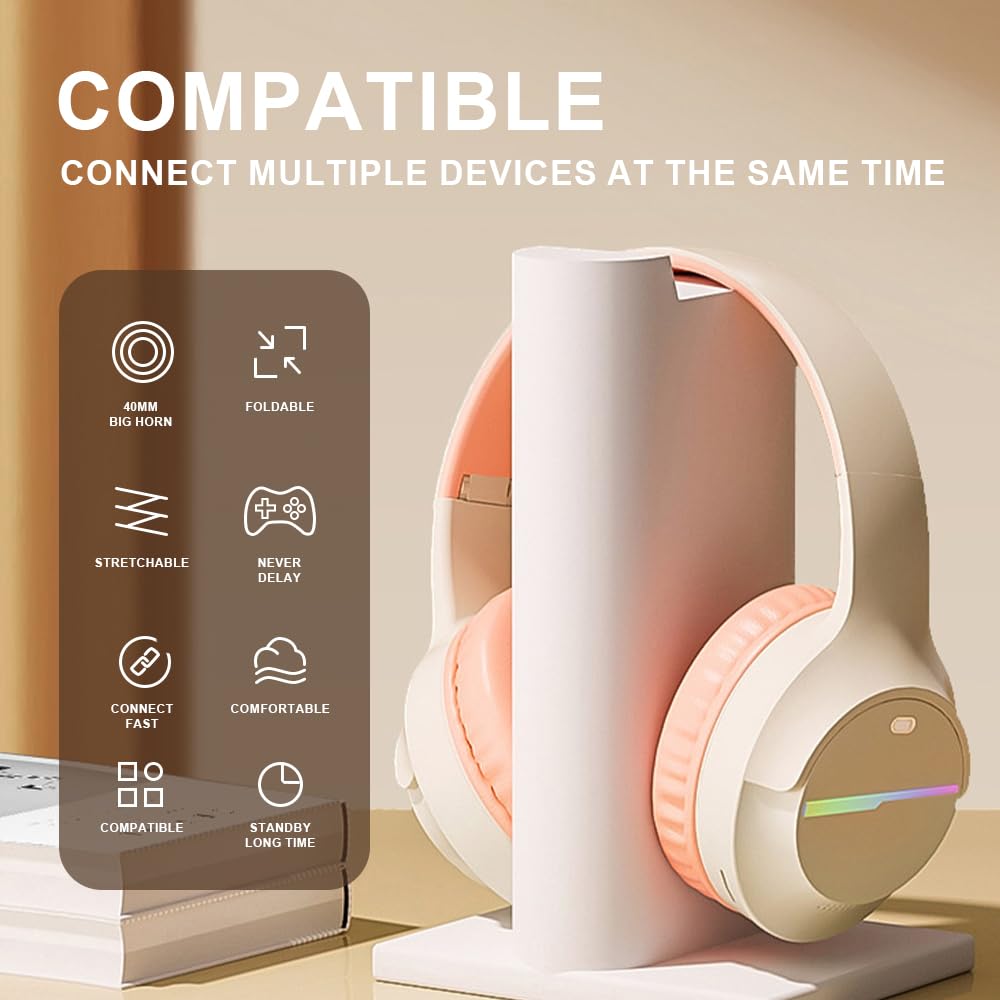 Fragolucyou Wireless Bluetooth Headphones-Colorful Lights,Large Battery Capacity,Foldable,Bluetooth 5.3,10 m Range,Stereo Surround,Built-in Microphone,Comfortable affixed Ears (pink)