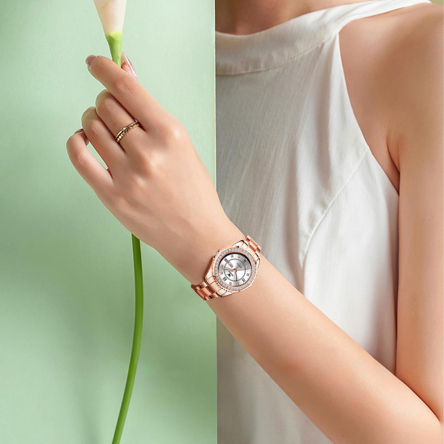 OLEVS Ladies Watch Rose Gold Stainless Steel Analogue Quartz Womens Watch White Small Face Luxury Elegant Diamond Women's Wrist Watch Roman Numerals Waterproof Luminous Womens Watch