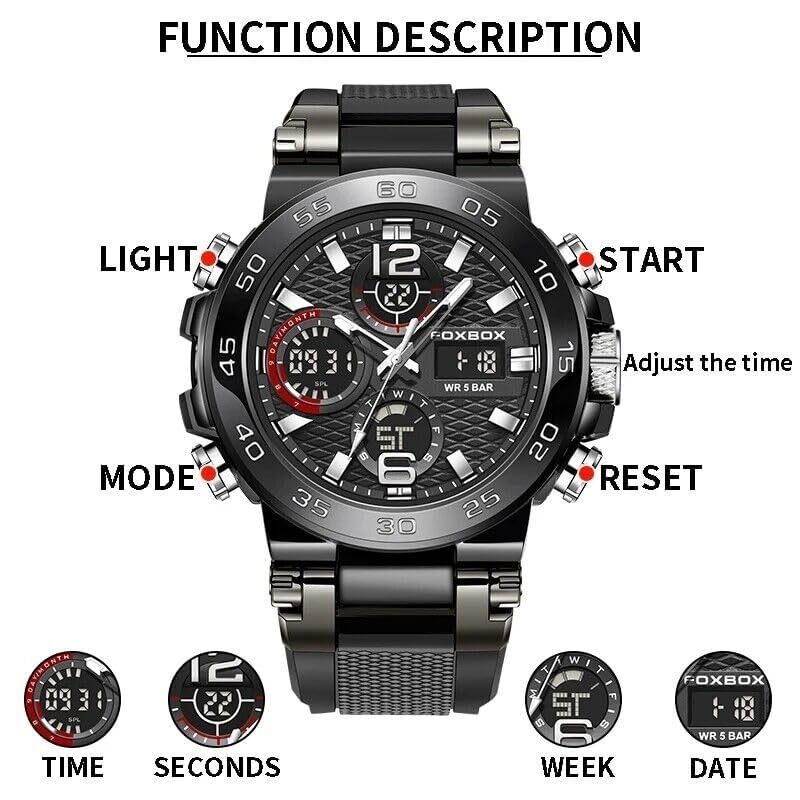 Kara Nicole Mens Diver Sports Wristwatch Digital Analog Quartz LED Waterproof Luxury Watches Duel Time Silicone Strap Stainless Steel Case Black