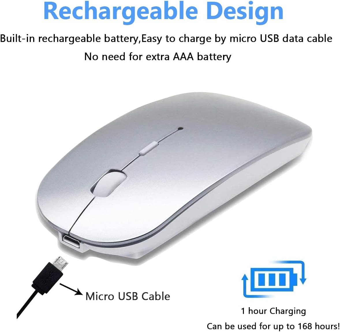 LEAPEST Wireless Bluetooth Mouse for MacBook Pro/Air/Mac/iPad/Laptop/Desktop/Mac/PC/Computer/Phone-Portable Slim Silent Office Mice with USB-C Adapter 2.4 GHz USB Mice (WhiteSilver)