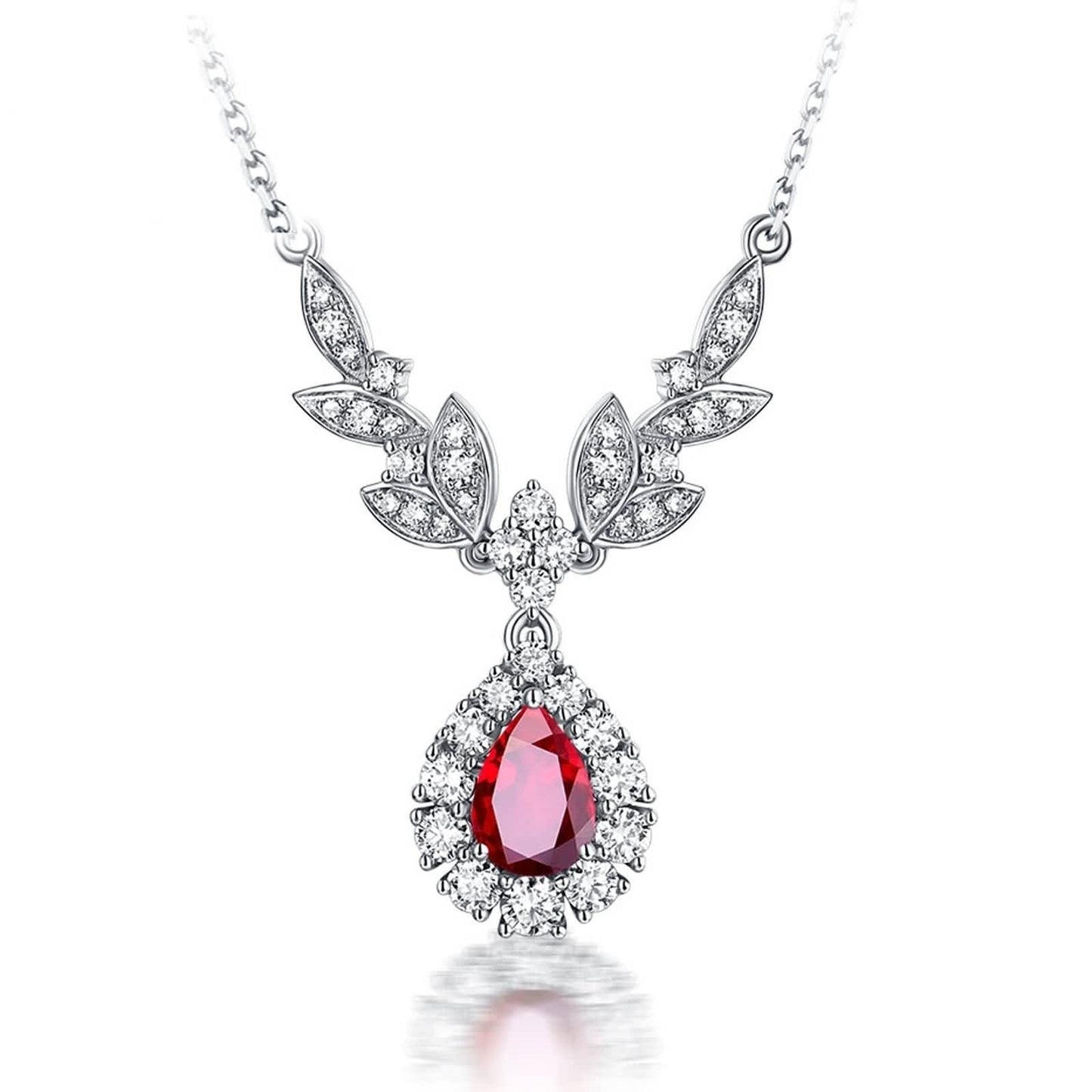 Dsnyu 18K White Gold 750 Bridesmaid Necklaces, 0.69ct Ruby Pendant Necklaces for Women, Flower Silver Necklace Dainty Fine Jewelry Gifts for Her