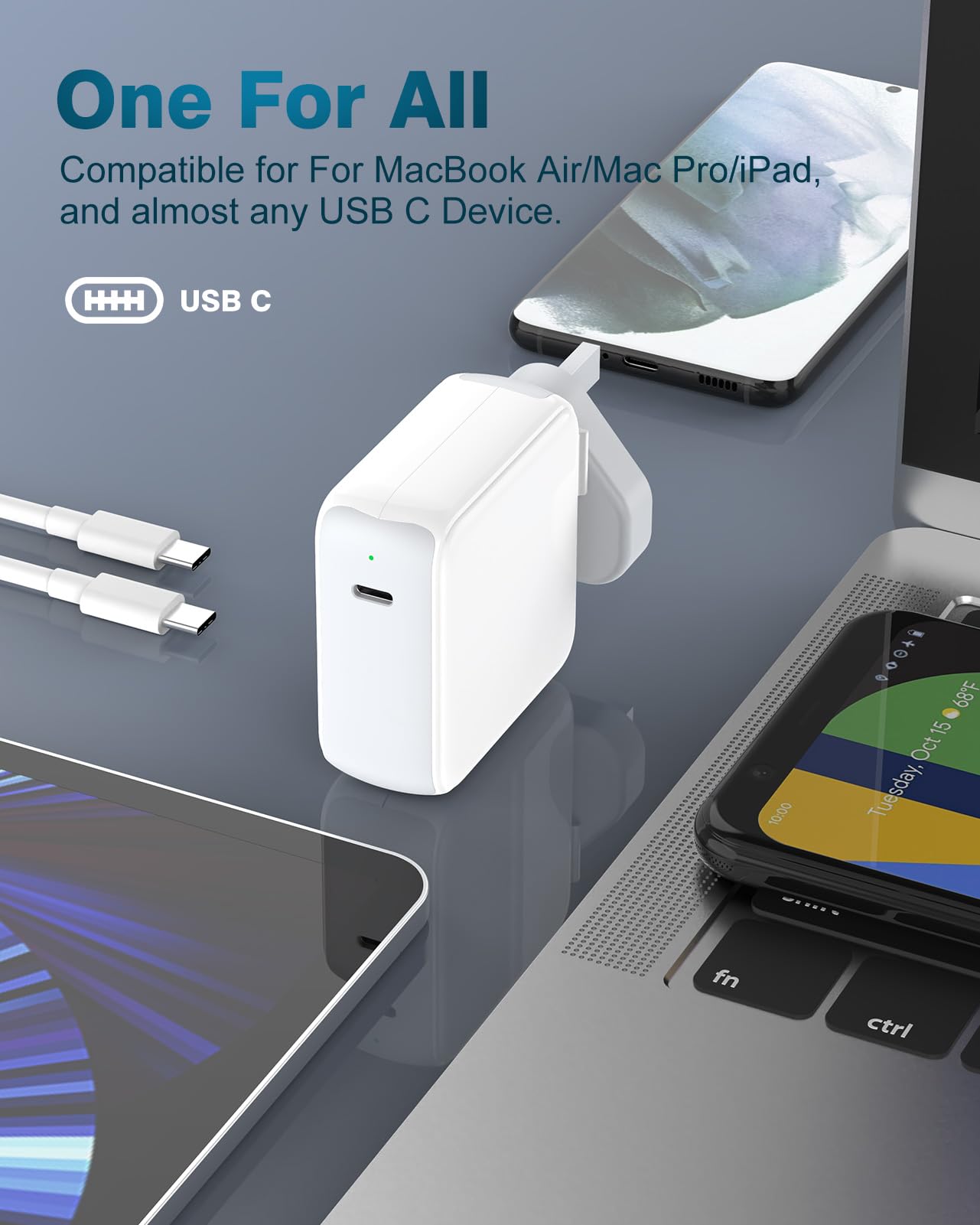 Mac Book Charger - 70W USB C Mac Charger Compatible with MacBook Air MacBook Pro 13 14 15 16 inch Mac Laptop, 2024 iPad, Type C Fast Power Adapter with 2M/6.6FT Mac Charging Cable USB C