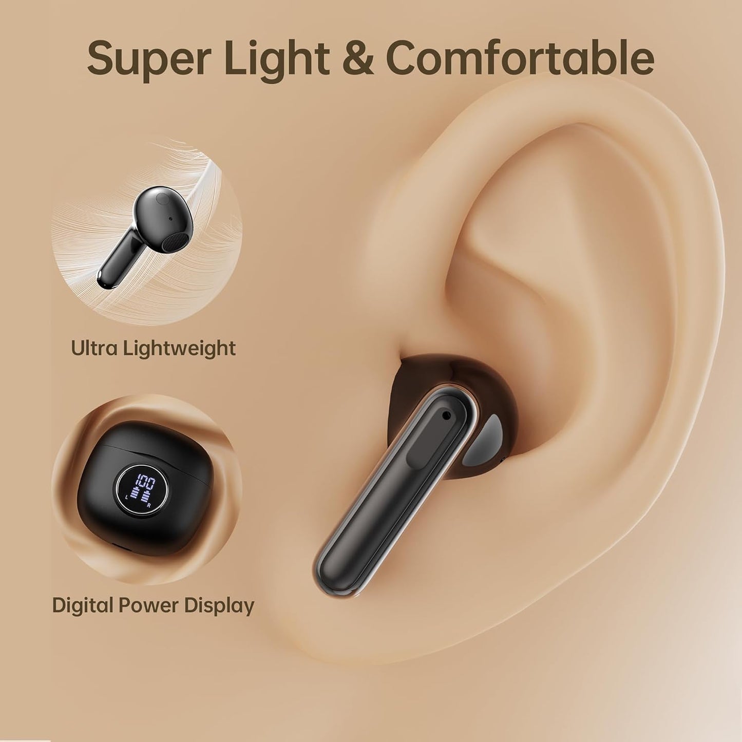Wireless Earbuds, Bluetooth 5.4 Headphones in Ear with HiFi Stereo Deep Bass, 4 ENC Noise Cancelling Mic Wireless Earphones 48H Playtime, Bluetooth Earbuds LED Display, IP7 Waterproof, Bright Black