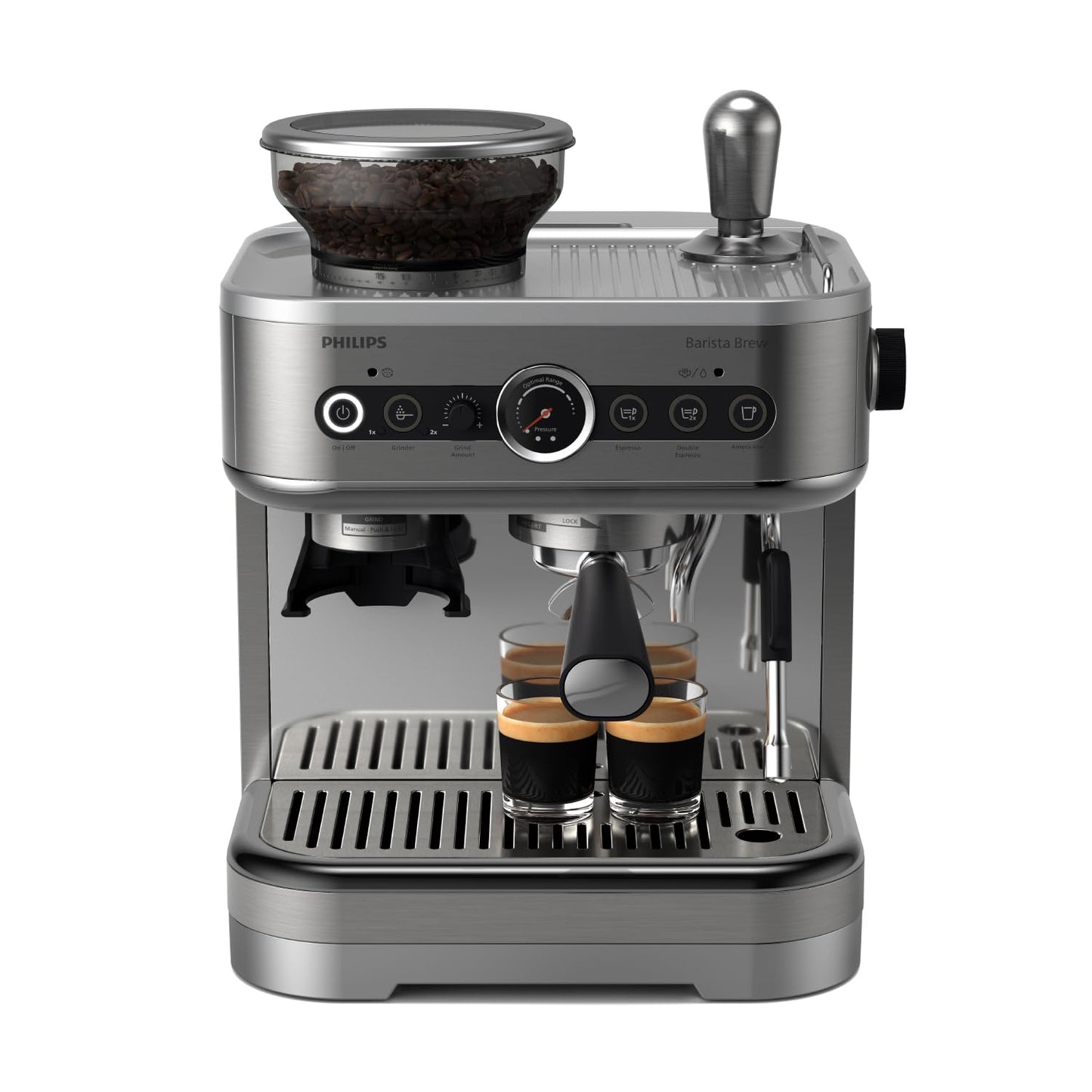 PHILIPS Barista Brew Espresso Machine - Intuitive Guidance. Calibrated Tamping. Elegant Design. 280g Dual Bean Container. Semi Automatic Espresso Machine. Metal Silver (PSA3228/01)