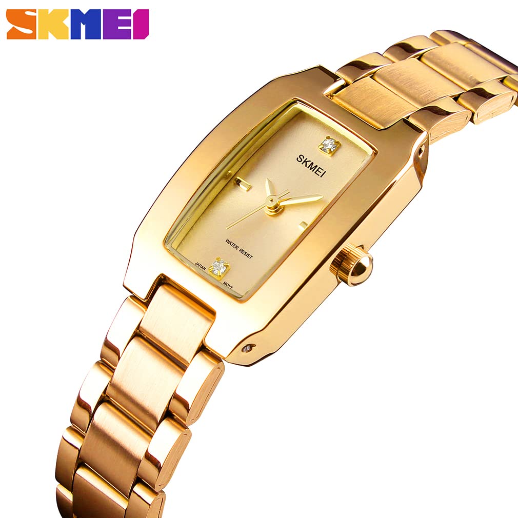 SKMEI Watches for Women Ladies Female Simple Square Stainless Luxury Fashion Small Slim Analog Quartz Waterproof Dress Casual Wife Girls Gifts Gold Wrist Watch, L1400gold, Dress