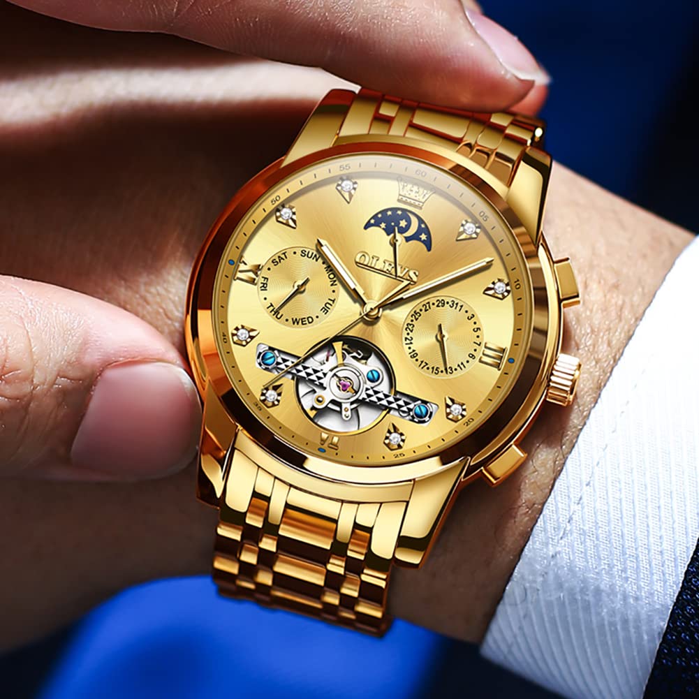 OLEVS Men Automatic Watch Gold Watch Skeleton Luxury Dress Stainless Steel Strap 5 Hands Moon Phase Diamond Men Wrist Watches