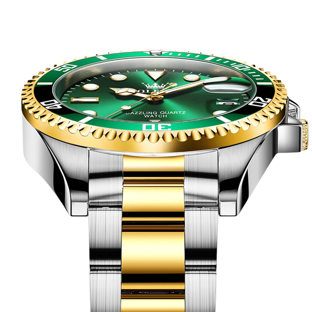 OLEVS Mens Watches, Silver Dress Gold Classic Luxury Big Large Face Waterproof Watches for Men, Analog Two Tone Stainless Steel Men Wrist Watch with Date Relojes De Hombre (Green/Blue/Black Dial