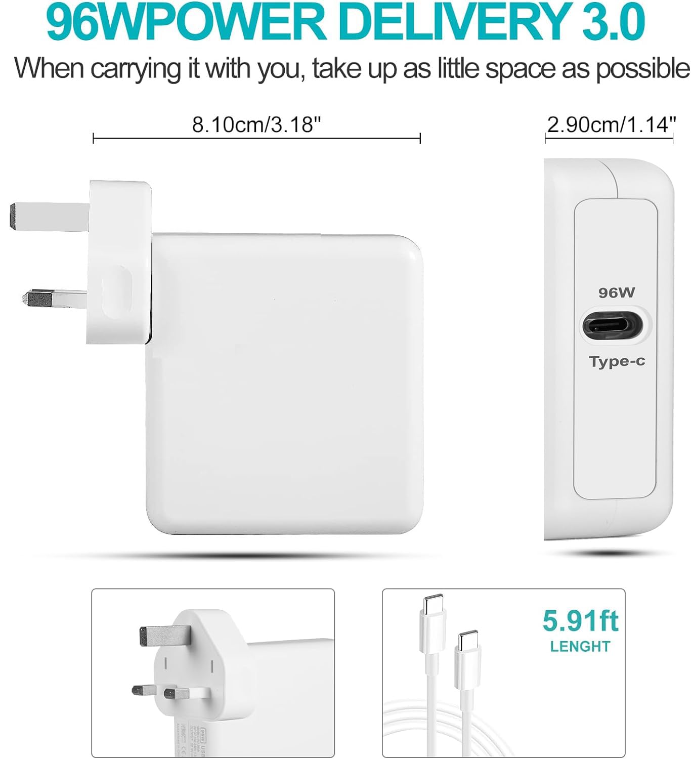 Mac Book Pro Charger-USB C Charger Block 96W Fast Charger for MacBook Air, iPad Pro, iPhone 15, Laptop Type C Charger Fast Charging, Include Charge Cable