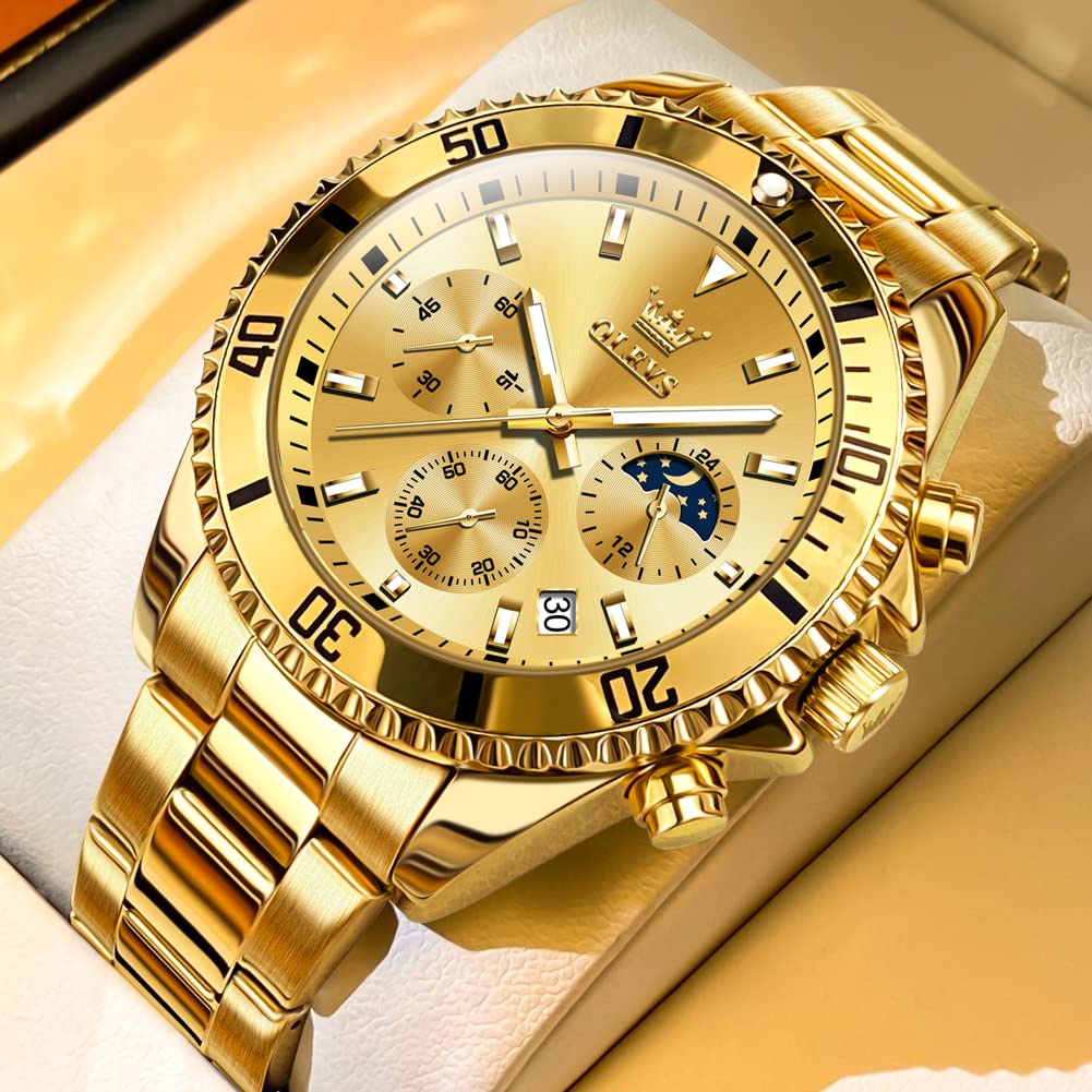 OLEVS Mens Watches Chronograph Luxury Dress Moon Phase Quartz Stainless Steel Waterproof Luminous Business Calendar Wrist Watch