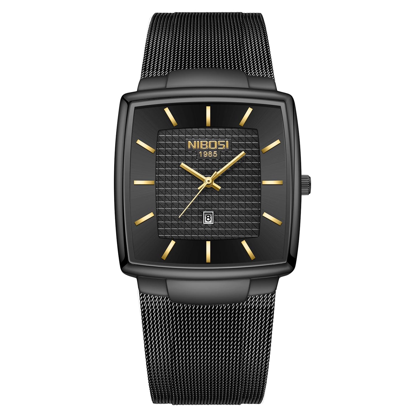 NIBOSI Men Watches Luxury Military Waterproof Sport Quartz Analog Square Wrist Watch for Men with Stainless Steel Mesh Band Date Calendar (All Black Gold)
