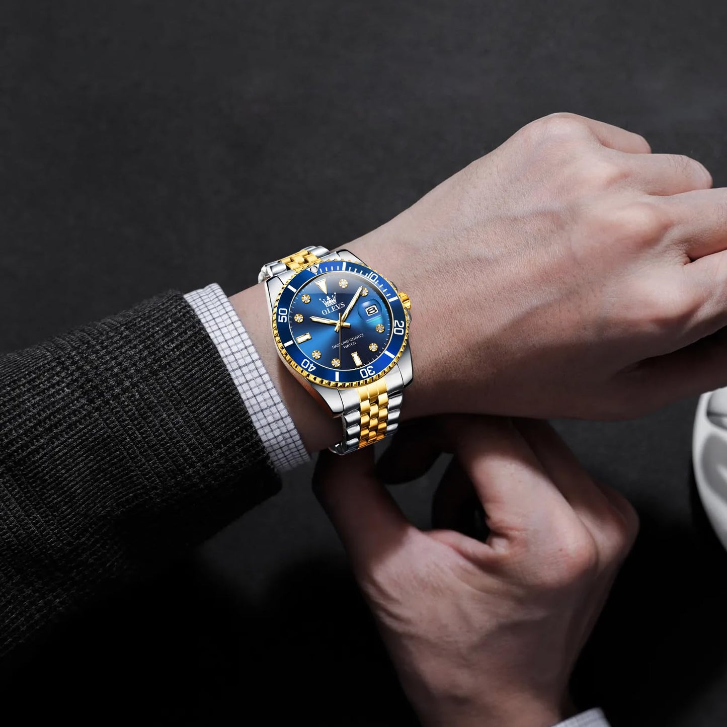 OLEVS Men's Watch Classic Blue Face Luxury Dress Watches for Men Big Dial Gold Silver Stainless Steel Band Analog Quartz Men's Wrist Watch with Rotating Bezel Date Waterproof Mens Watches