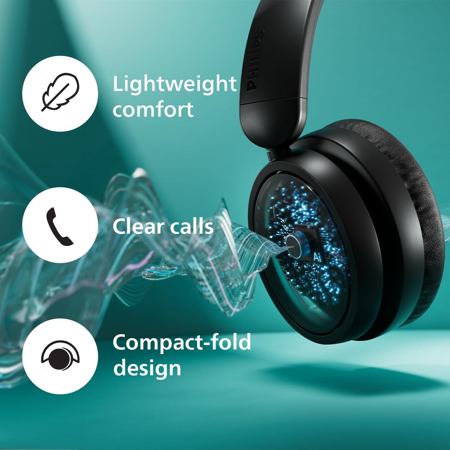 Philips TAH5209BK/00 Lightweight On Ear Wireless Bluetooth Headphones with Passive Noise Isolation - 65 Hours Play Time, Natural Sound, Clear Calls, Dynamic Bass, 2 Hours USB-C Charging- Black