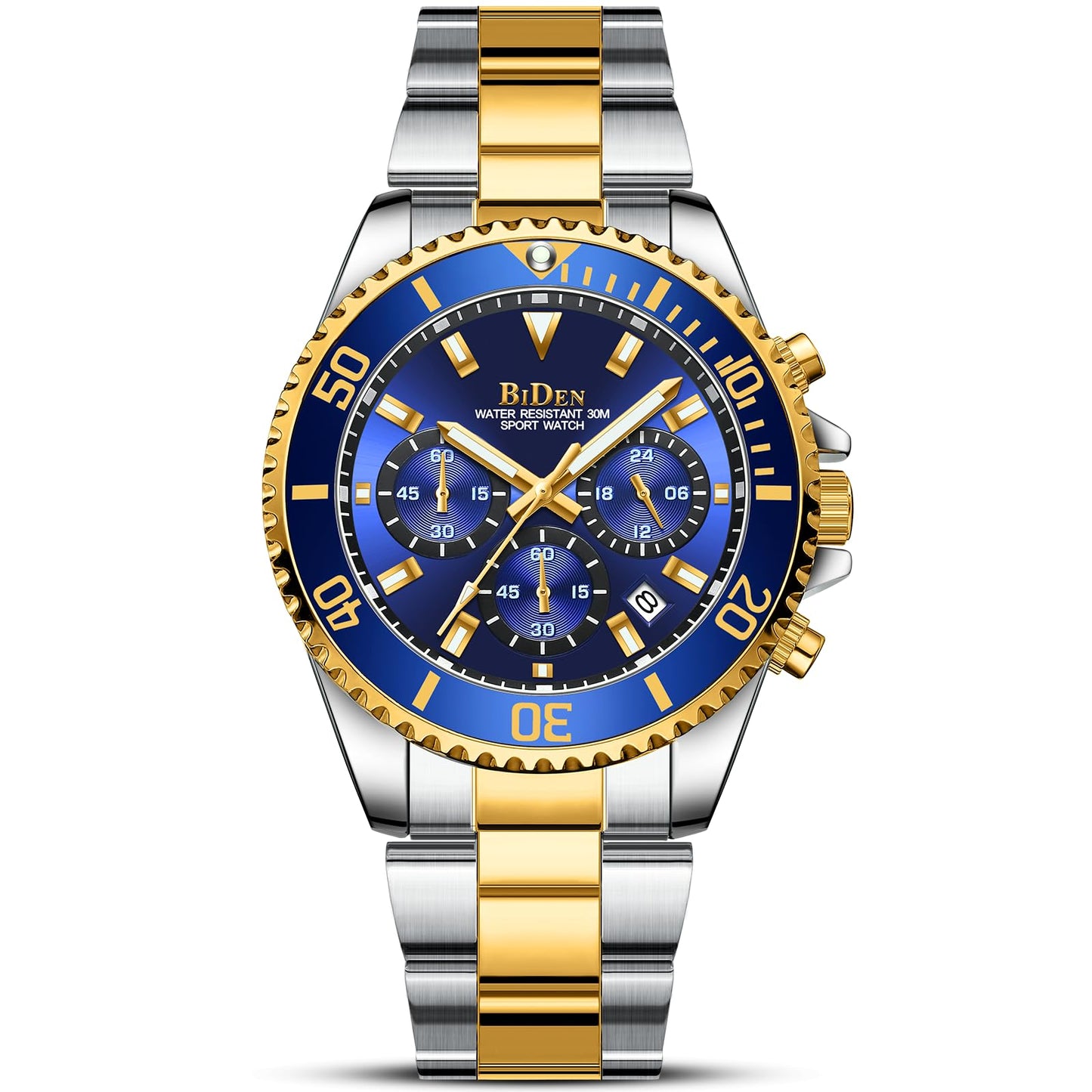 Designer Chronograph Military Waterproof Analogue Quartz Men Stainless Steel Wrist Watch Fashion Large Date Watches for Men Gold Blue