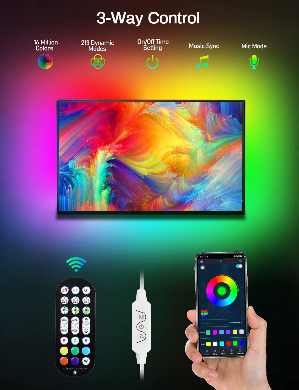 MATICOD LED Lights for TV, 3M TV Lights for 32-43in Tvs, Music Sync Color Changing RGB TV Backlight with Remote APP Control USB Led Strip Lights for Christmas Gaming Room Decoration