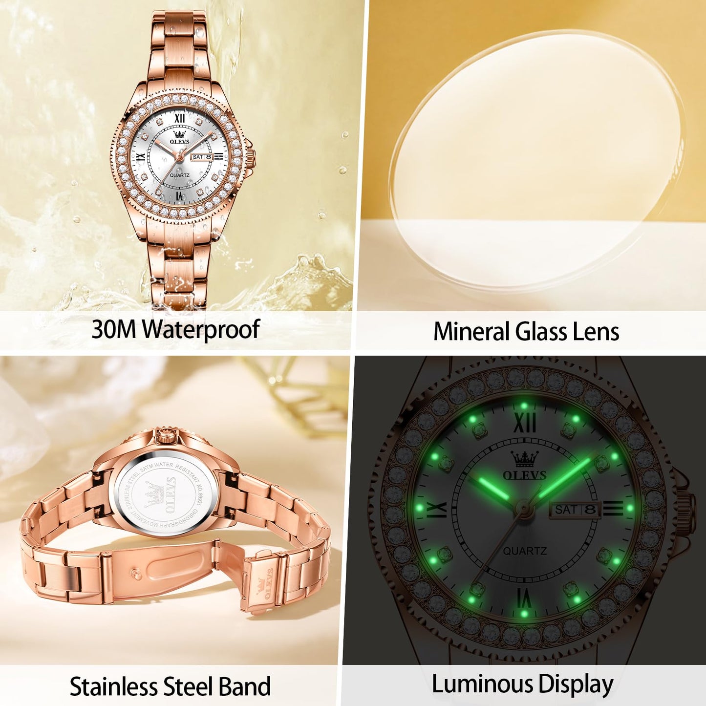 OLEVS Ladies Watch Rose Gold Stainless Steel Analogue Quartz Womens Watch White Small Face Luxury Elegant Diamond Women's Wrist Watch Roman Numerals Waterproof Luminous Womens Watch