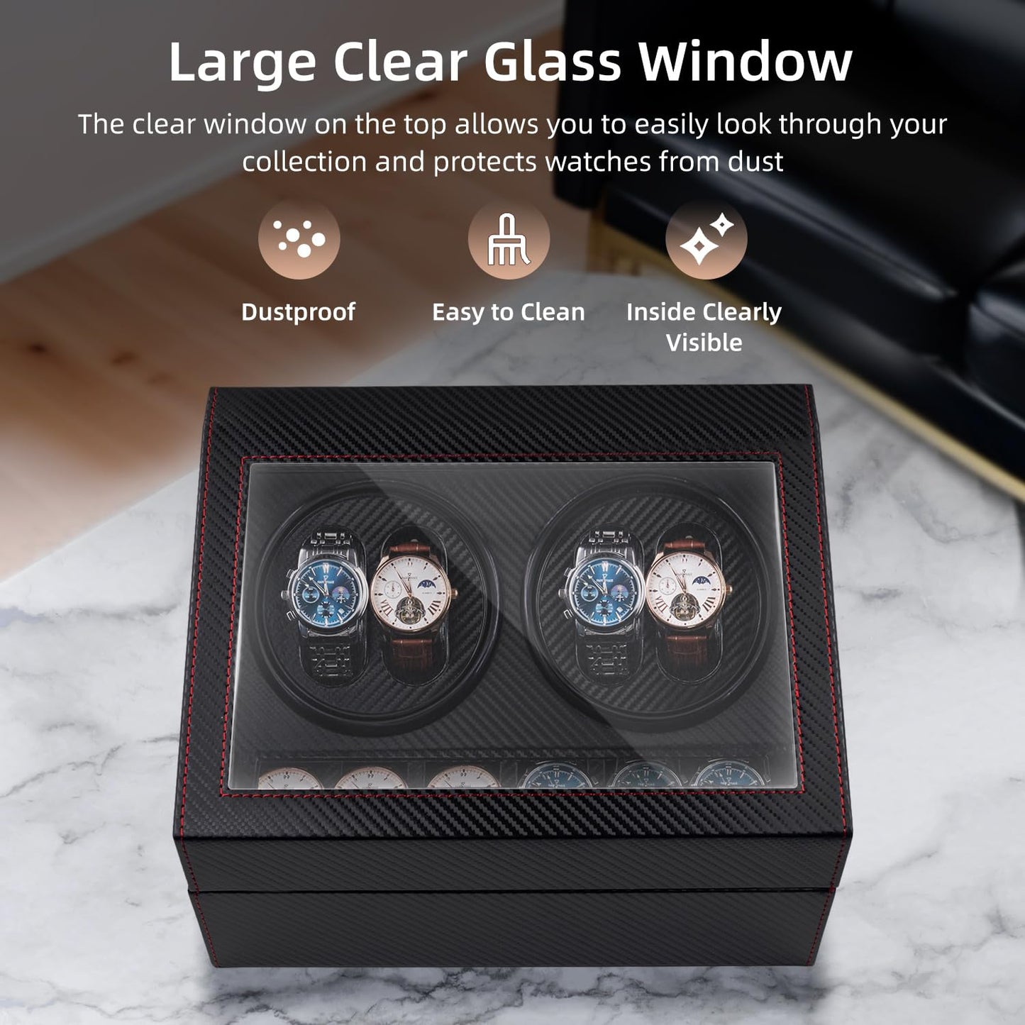 Mcbazel Automatic Watch Winder Box for 4 Watches,4 Watch Winder Box with 4 Watch Winder & 6 Extra Storage Space,Carbon Fiber Leather Watch Winder Storage Display Box with Quiet Running Motor