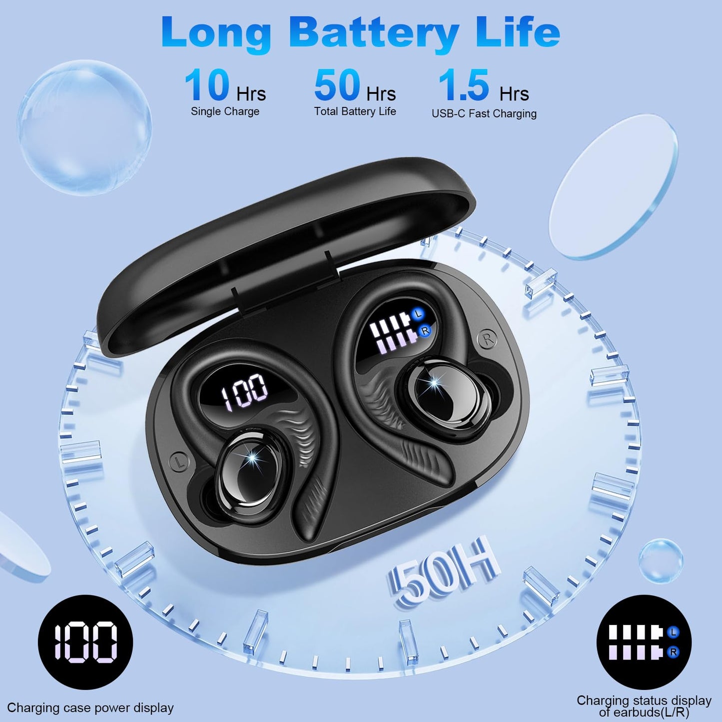 Wireless Earbuds, 2025 Bluetooth 5.4 Headphones Sport, Deep Bass Stereo in Ear Headphone, 4 ENC Noise Cancelling Mic Earphones, 50Hrs USB-C IP7 Waterproof Android iOS Ear Buds for Running Gym Workout