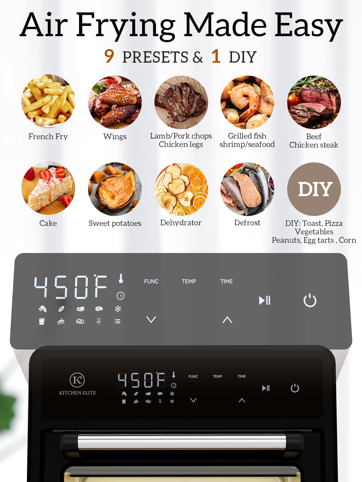 Kitchen Elite Air Fryer Toaster Combo, 12.6 Quart 10-in-1 Stainless Steel Convection Oven Countertop, Non-Toxic for Baking, Roasting, Reheating, Broilers and
