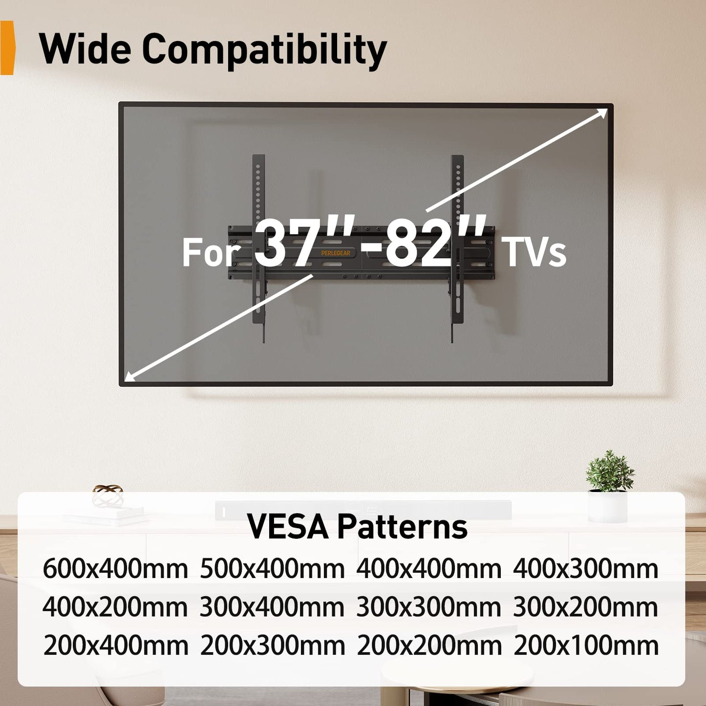 Perlegear TV Wall Bracket for Most 37–82 inch LCD LED OLED Flat Curved TVs up to 45kg, Low Profile Tilt Wall Brackets, Ultra Slim Heavy-Duty TV Wall Mount with Max VESA 600x400mm, PGLT4