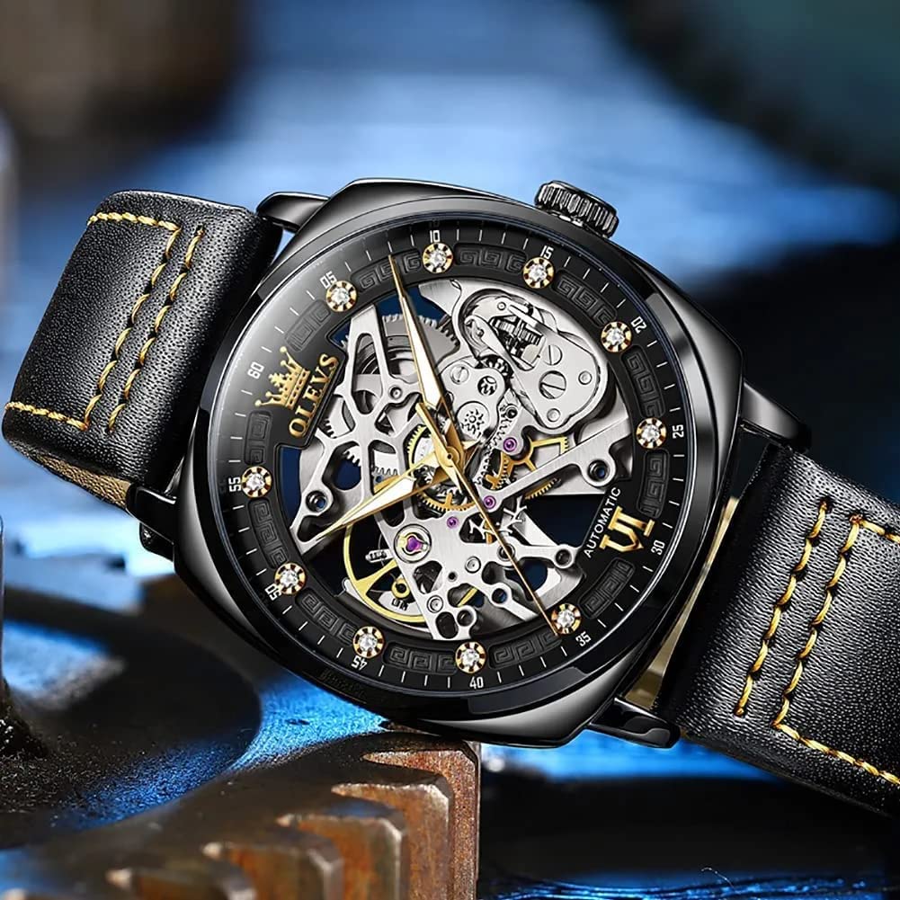 OLEVS Automatic Men Watch Designer Skeleton Self Winding Mechanical Luxury Stylish Leather Strap Luminous Water Proof Wrist Watch
