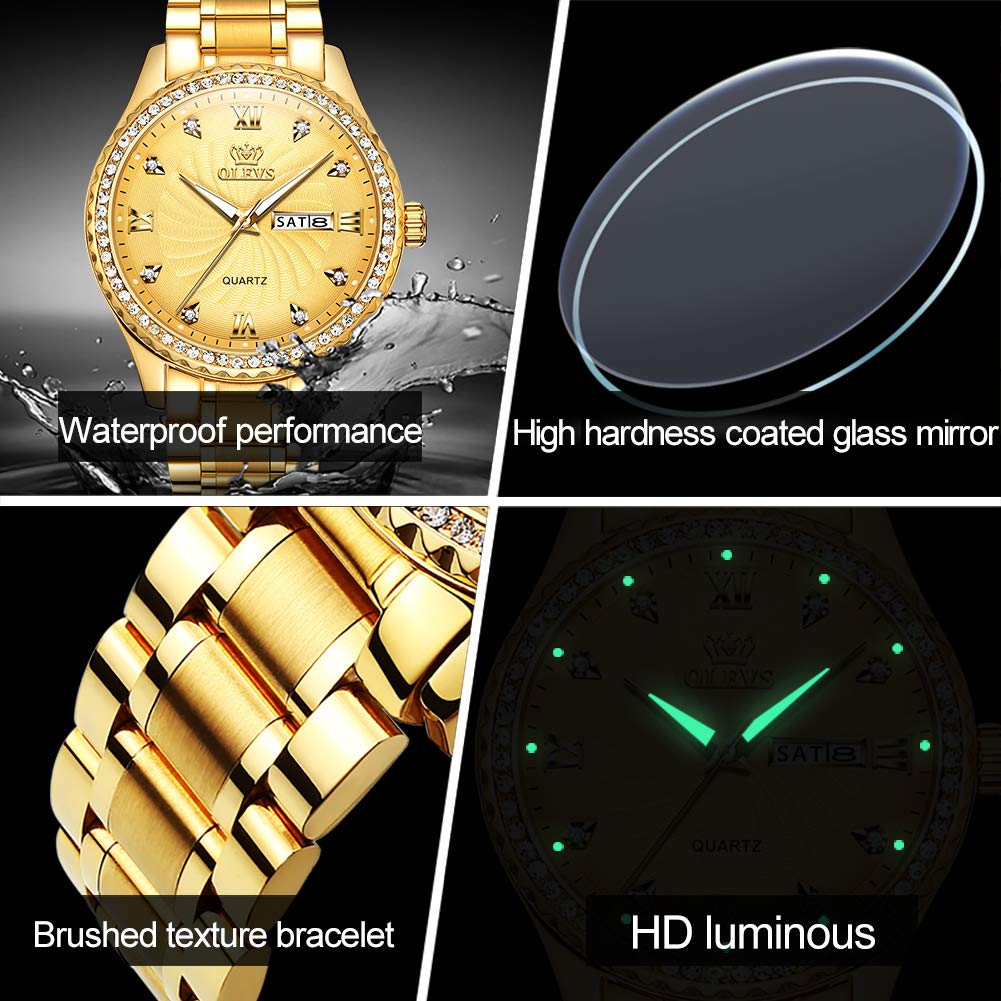 OLEVS Gold Watches for Men Waterproof Diamond Luxury Best Watches for Men Calendar Date Analog Quartz Watch Stainless Steel Classic Wrist Watch Christmas Day Gifts