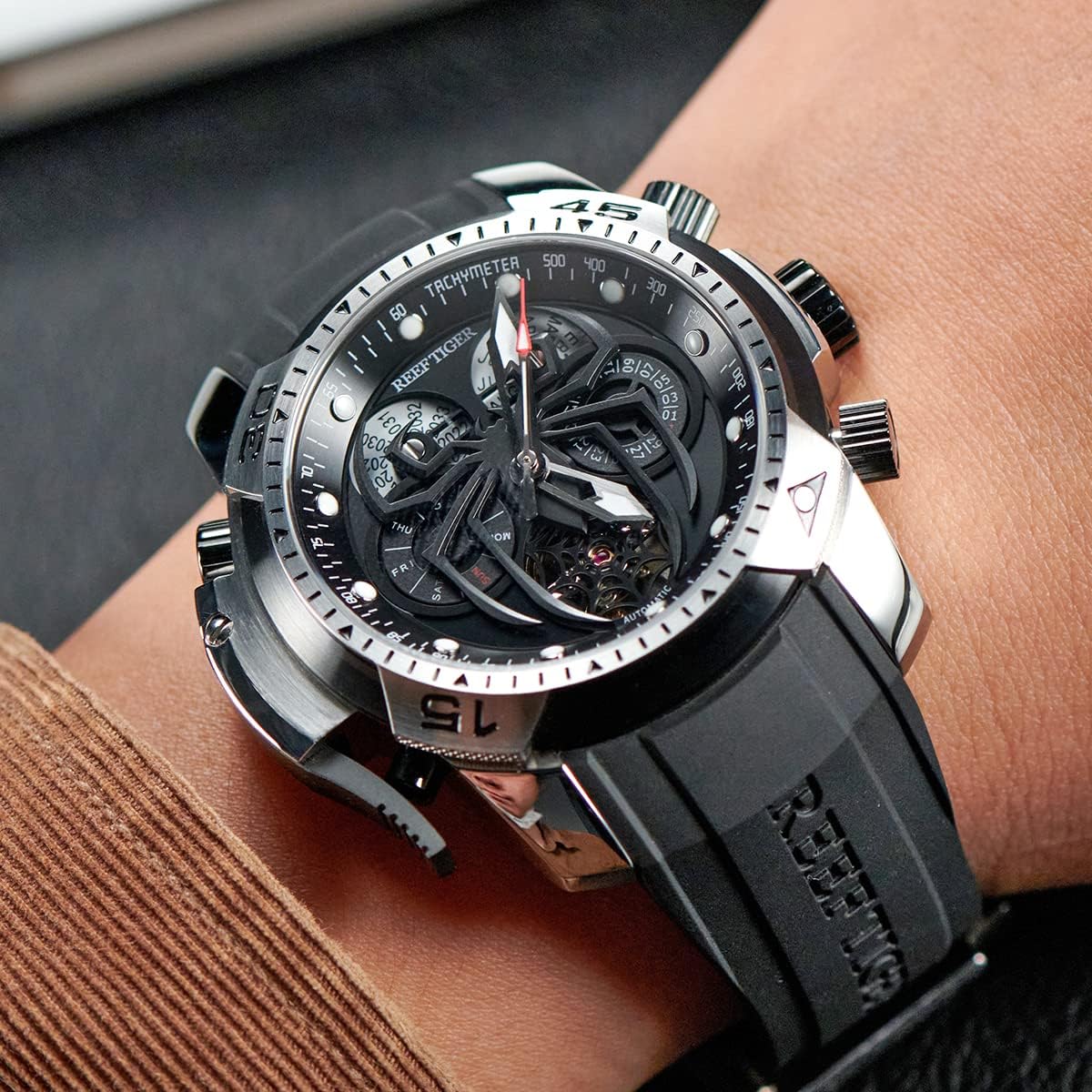 Reef Tiger Fashion Style Sport Automatic Watch Spider Dial with Complicated Year Month Calendar Mechanical Rubber Watches RGA3532SP (RGA3532SP-YBR)