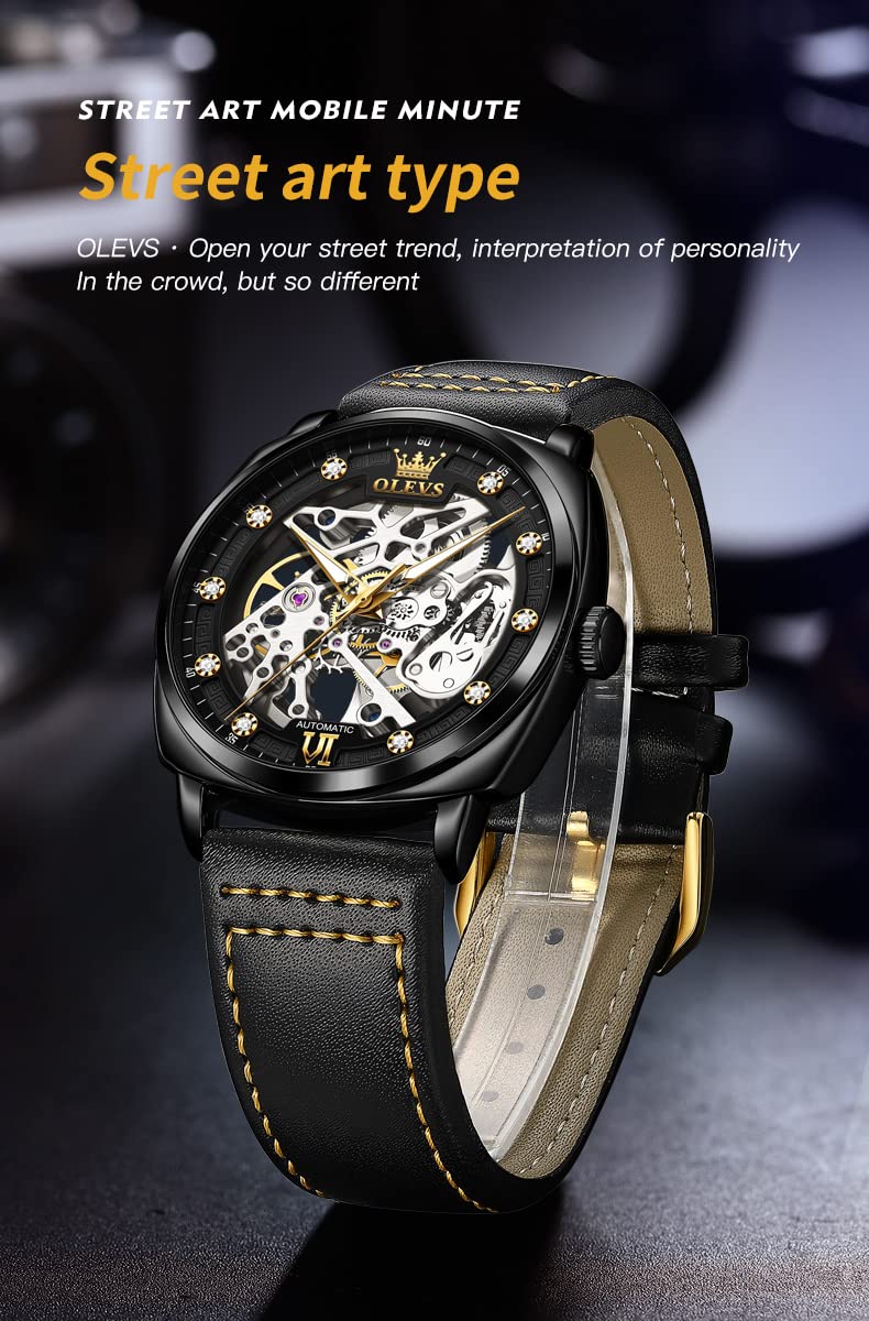 OLEVS Automatic Men Watch Designer Skeleton Self Winding Mechanical Luxury Stylish Leather Strap Luminous Water Proof Wrist Watch