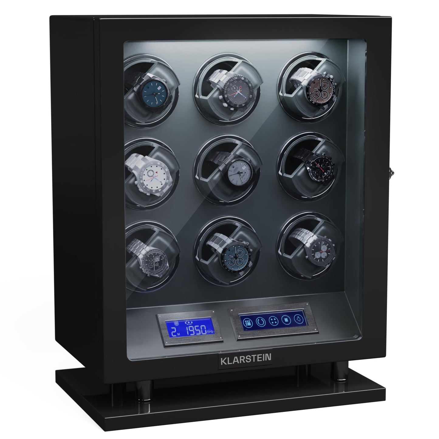 KLARSTEIN watch winder for automatic watches, automatic watch winder for 9 watches, automatic watch winder with acrylic door, automatic watch winder, blue LEDs, watch winder with 5 TPD settings