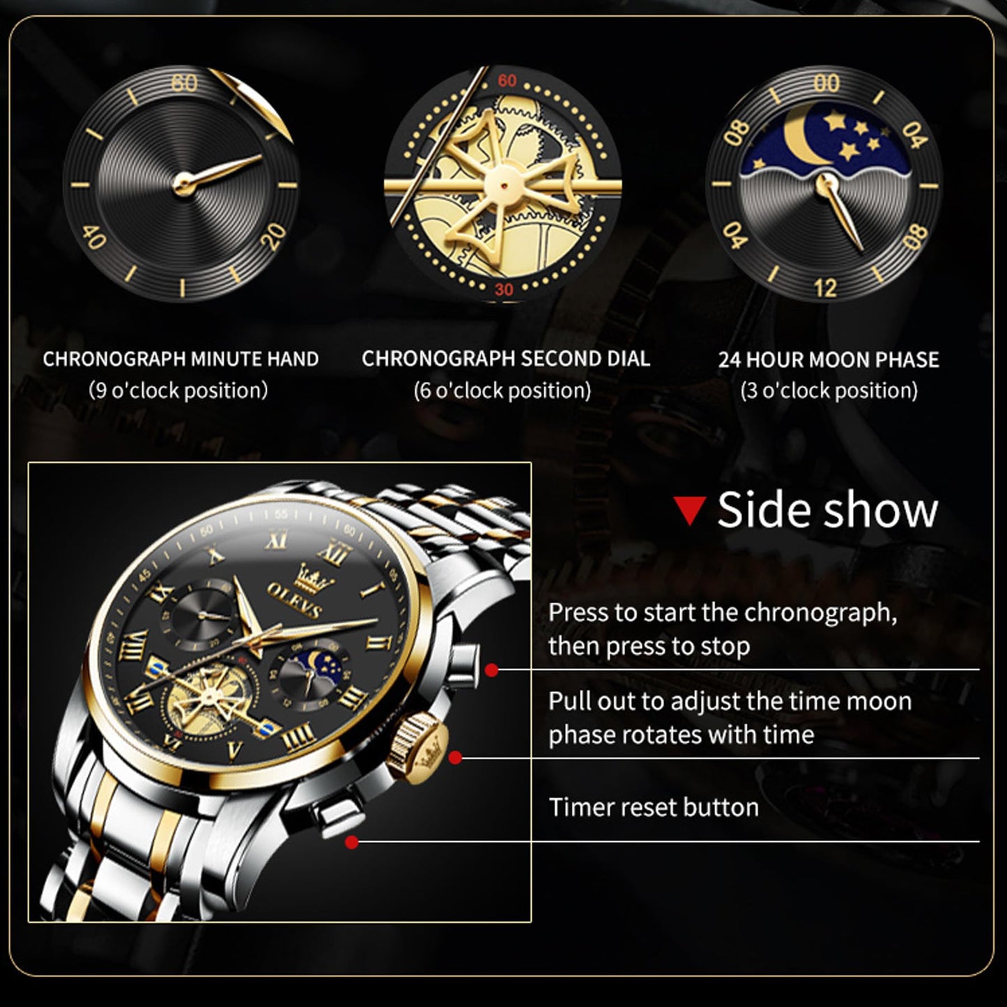 OLEVS Men's Watch, Stainless Steel Waterproof Luminous Analog Quartz Watch, Multifunctional Multi dial Chronograph,Classic Luxury Big face Men's Watch (2859- Blackface)