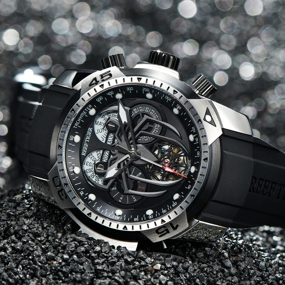 Reef Tiger Fashion Style Sport Automatic Watch Spider Dial with Complicated Year Month Calendar Mechanical Rubber Watches RGA3532SP (RGA3532SP-YBR)