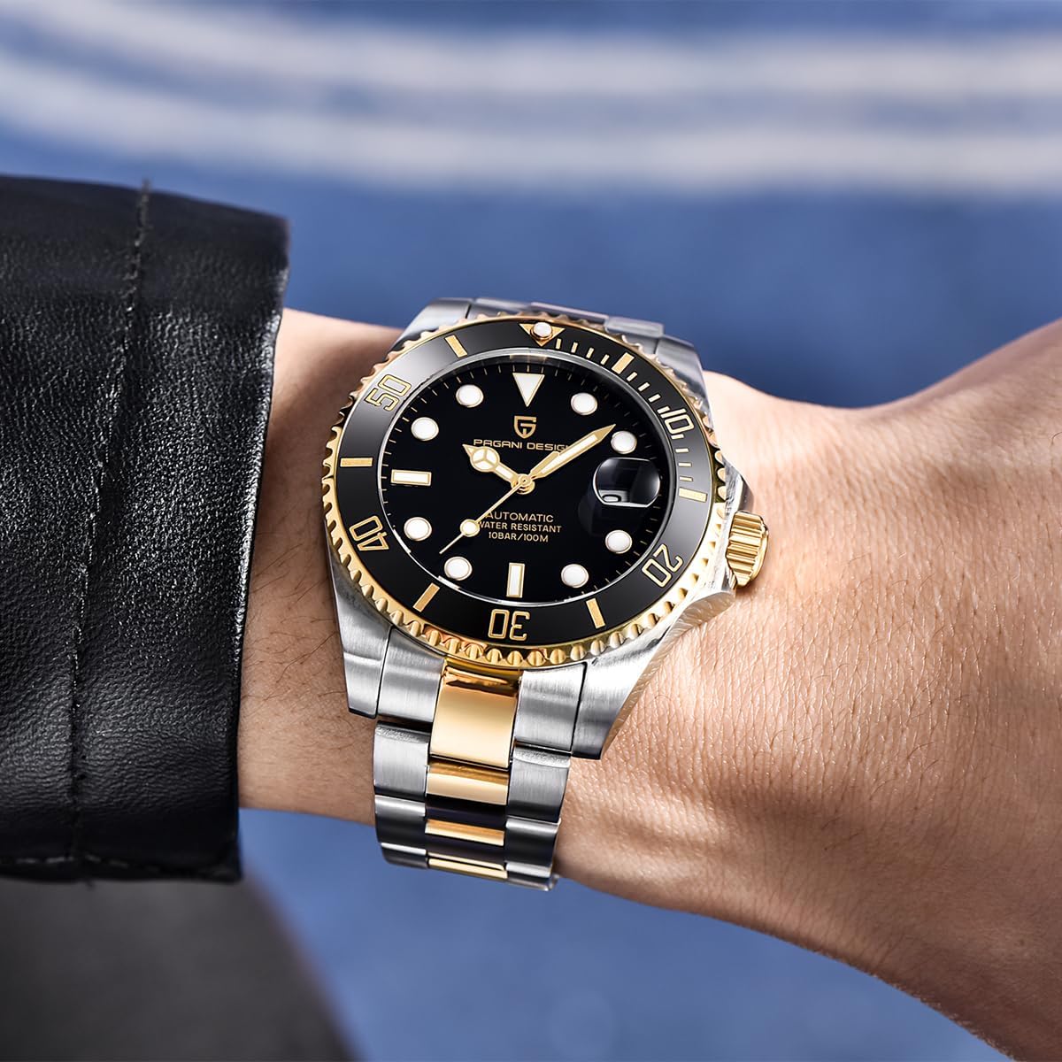 Pagani Design Men's Automatic Watch NH35 Ceramic Bezel Sapphire Glass Analogue 100 m Waterproof Men's Watch Calendar Diving Watch Stainless Steel Watch, Steel Band Gold Black, Classic