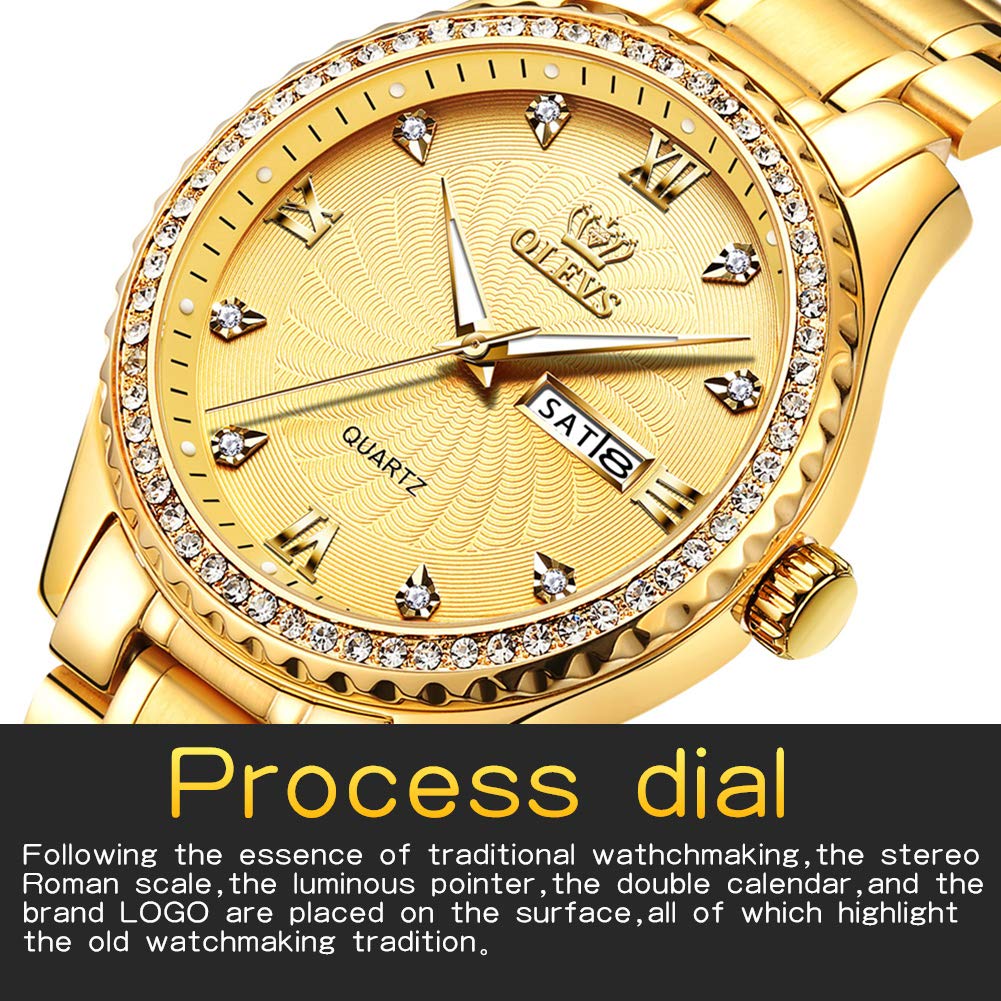OLEVS Gold Watches for Men Waterproof Diamond Luxury Best Watches for Men Calendar Date Analog Quartz Watch Stainless Steel Classic Wrist Watch Christmas Day Gifts