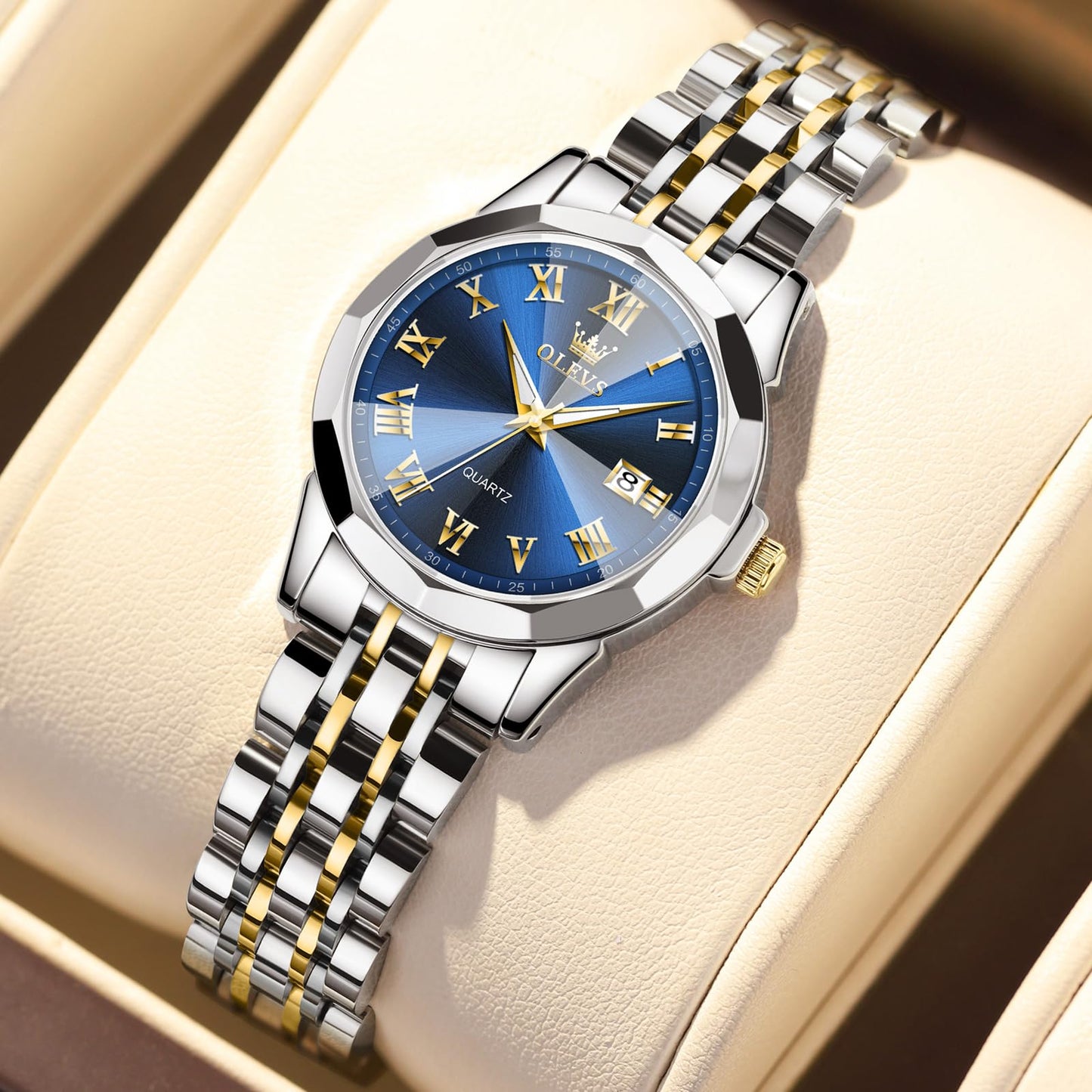 OLEVS Ladies Watches Small Face Gold Silver Stainless Steel Analog Quartz Women's Watch Luxury Elegant Blue Women's Dress Watches Classic Roman Numerals Waterproof Watches for Women